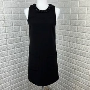 MANGO Shift black dress with Grograin and beaded neckline and pockets size XS